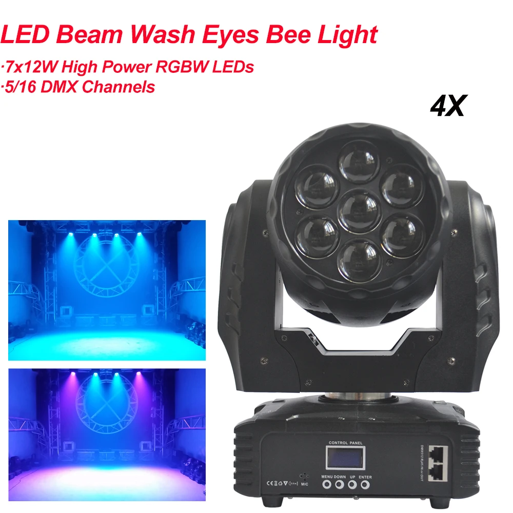 

4Pcs/Lot 7x12W Moving Head Beam Bee Eye LED Effect RGBW Zoom Lyre Wash Dj Club Light DMX Wash Music Disco Stage Wedding Party