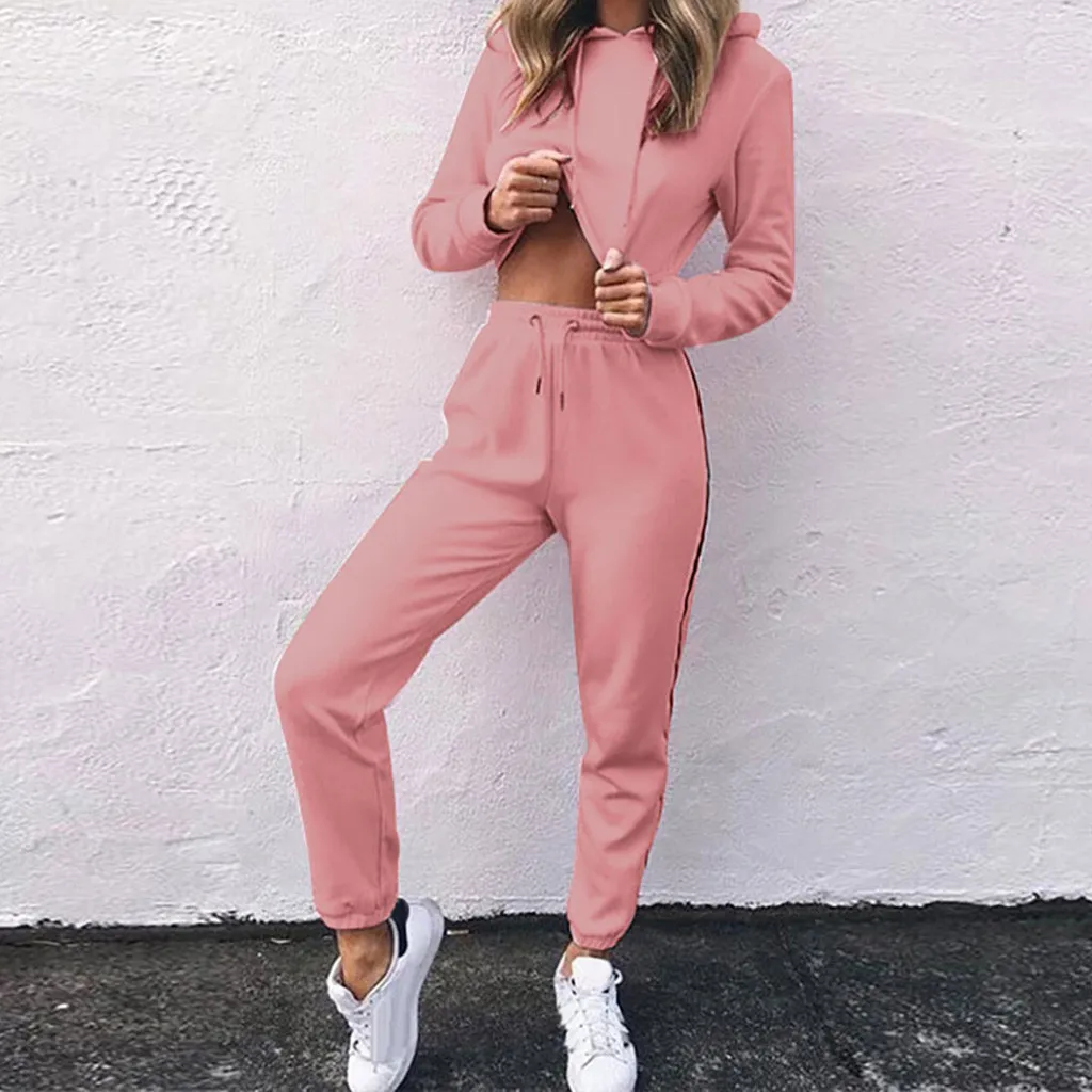 

Perimedes Fashion Women Trainning Exercise Sets Long Sleeve Bandage Stripe Splice Hooded Sweatshirt Tops Pants Set#g25