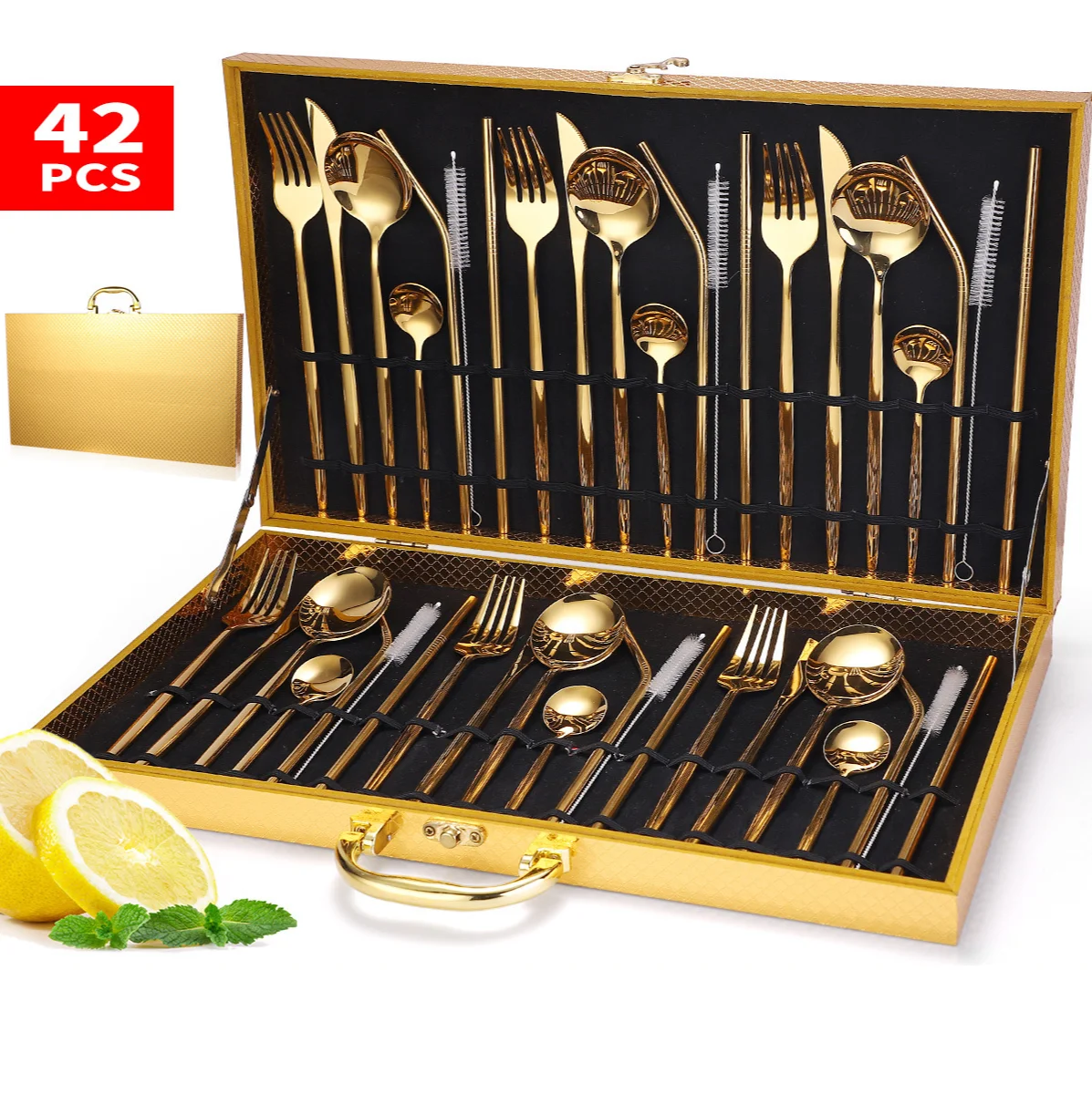 42PCS Rainbow Tableware Set Fork Spoon Knife Cutlery Set 18/10 Stainless Steel Dinner Dinnerware Set Holiday Gold Wood Gift Box