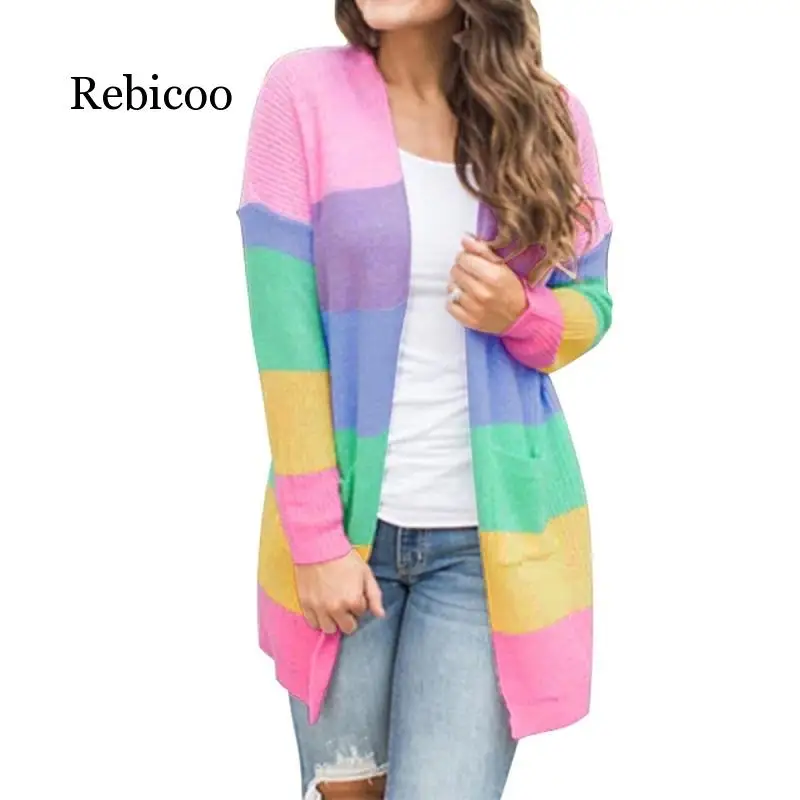 Женский трикотажный кардиган в радужную полоску осенний свитер с длинными