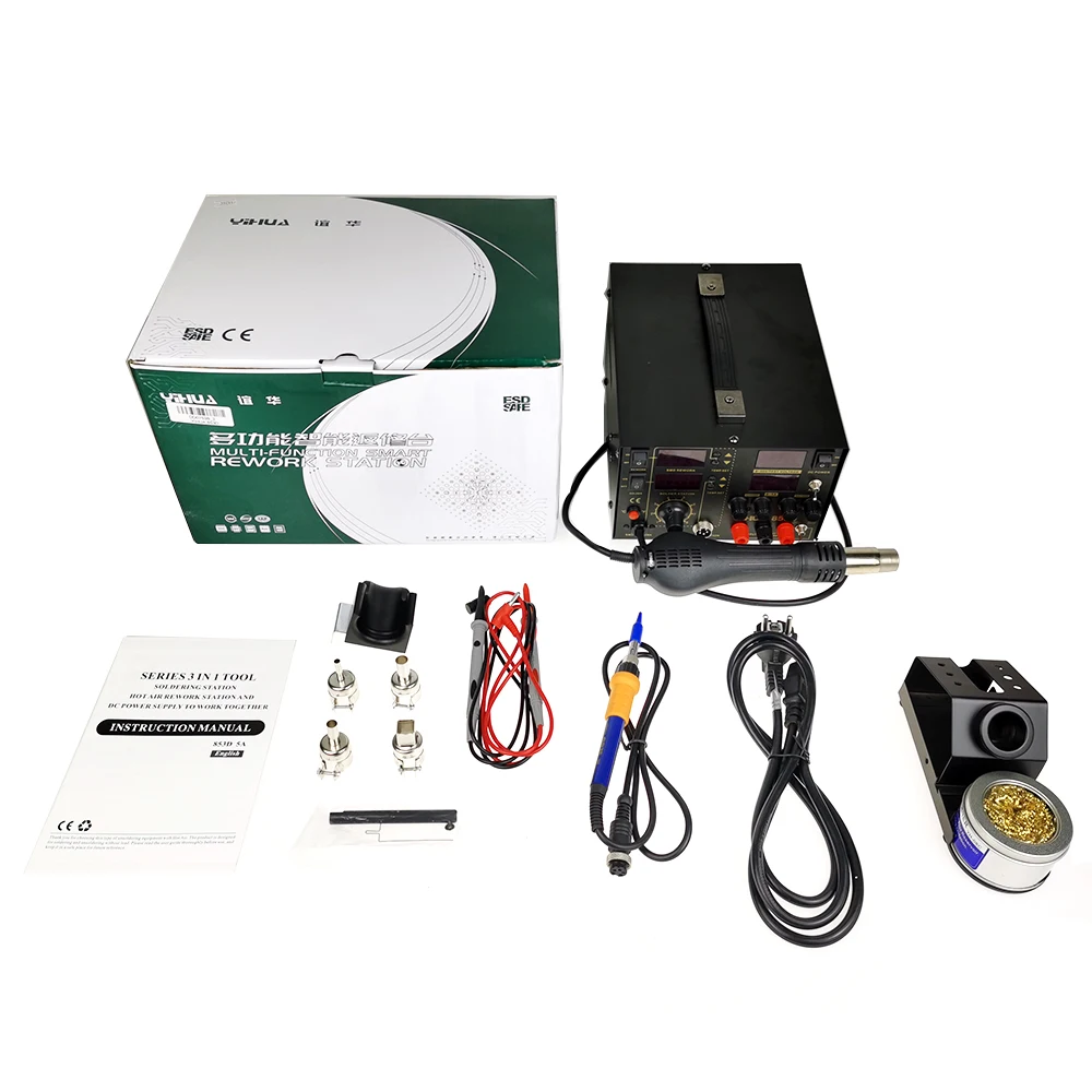 

Three In One Hot Air Welding Platform IHUA 853D 5A Rework Station 5A DC Power Supply Functions Rework Soldering Iron Station