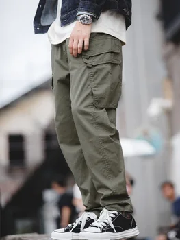 

pants men sweatpants American retro big pocket three-dimensional overalls Men's Drawstring Loose Straight Casual Pants pants
