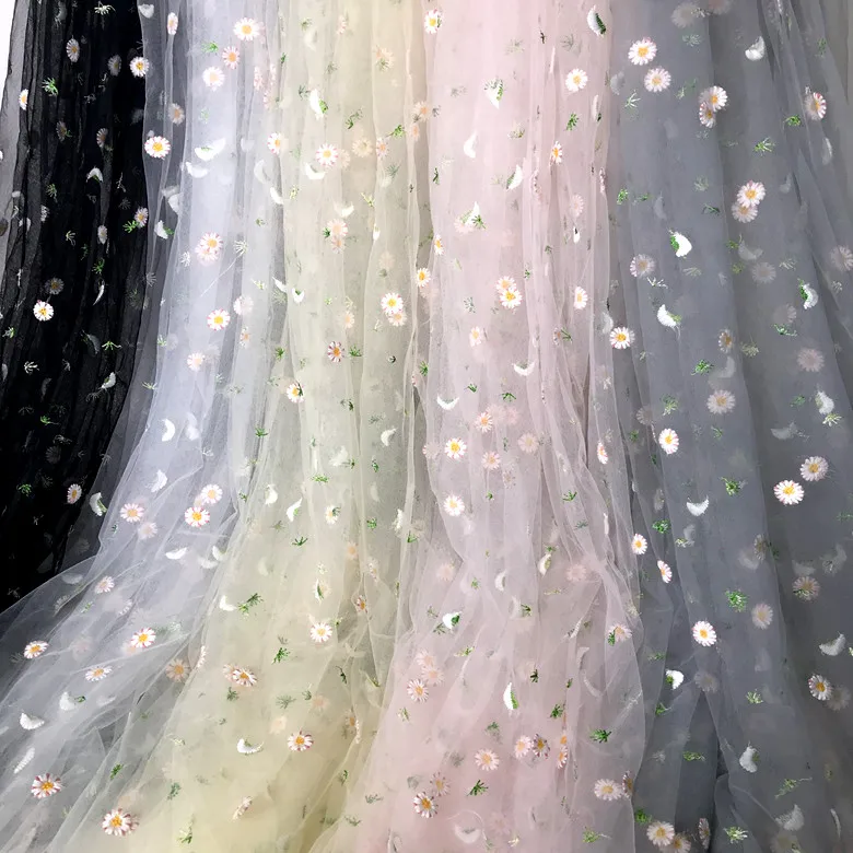 

1yard Embroidery Daisy flower Tulle Lace Fabric Transparent Net Material For Dress skirt Clothes DIY Accessories