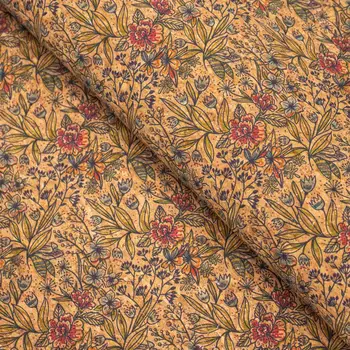

Green leaves and flowers pattern Cork fabric COF-381