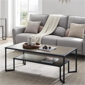 

Modern Coffee Table Black Metal Frame Sofa Table With Versatile Storage Space Exquisite Living Room Furniture 121.9x66x45.7 cm