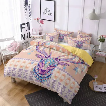 

Geometric Design Colored Deer Bedding Set Bohemian Feather Duvet Cover Set Full Queen Single Double Size Soft Home Bed Linen Set