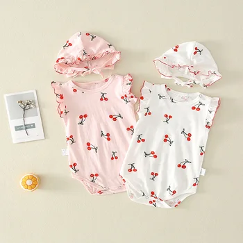 

2019 NEW Baby Girls Clothes Summer Sunsuit Cherry Print Princess Rompers+Sun Hat Brief Set Infant Outfit Girls Jumpsuit Clothes