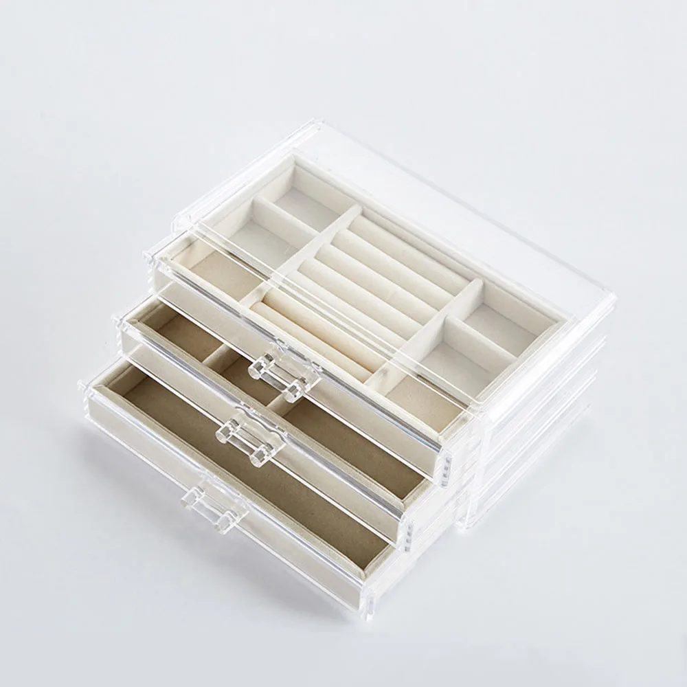 

Three-layer Three-drawing Flannel Bottom Lattice Transparent Jewelry Necklace Jewelry Storage Box Multifunctional Storage Box