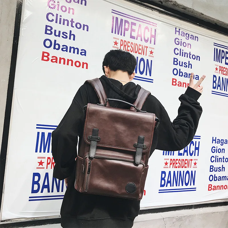 

Retro crazy horse PU leather men's British fashion backpack personality design young students backpack bag trend bag