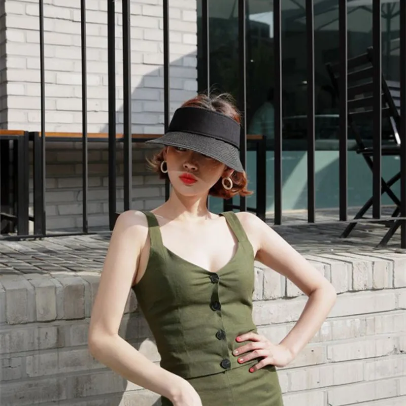 Summer Wear Woven Straw Hats Women Breathable Empty Top Casual Beach Visor Caps Wide Large Brim Hat Adjustable Foldable Sun Caps sun hat sun protection hat empty top hat