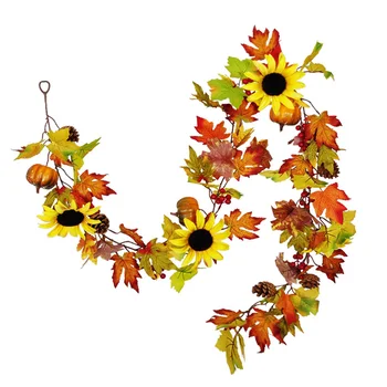 

Artificial Maple Leaf Garlands Autumn Hanging Fall Leave Vines Harvest Wreath with Pumpkin Pine Cone Berries Decor