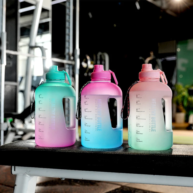 Hot Gradient Sports Water Bottle 2.2L Large Capacity Cup Outdoor Fitness Portable Straw Big Plastic Ton Barrel Botella Colorful