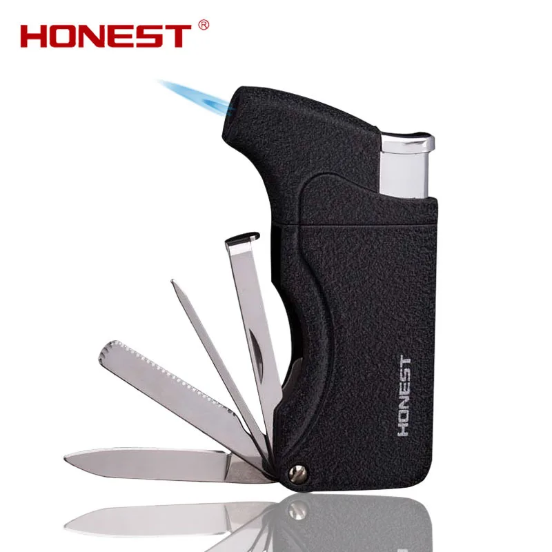 Personalized Hot-Selling Multifunctional Butane Jet Lighter Cigar Lighter Pipe Accessories Turbine Windproof Belt Knife