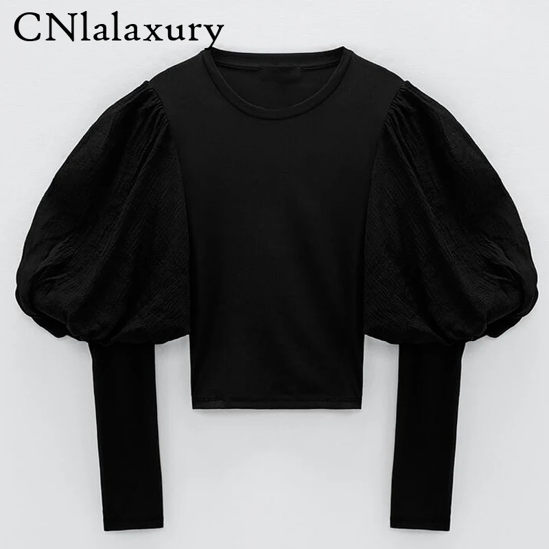 Новая Элегантная Осенняя черная блузка с длинным рукавом буфами Женский вязаный