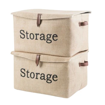 

Collapsible Jute Storage Bin Leather Handle Storage Organizer Basket Storage Box With Lid-2Pcs