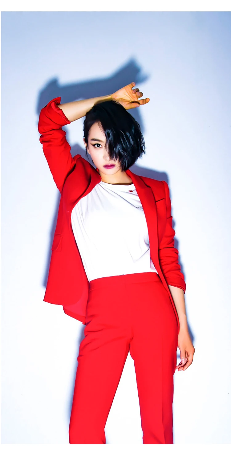 Women's Office Lady Two Pieces Sets Solid Red Elegant Single Breasted Turn-down Collar Blazers And Full Length Trousers