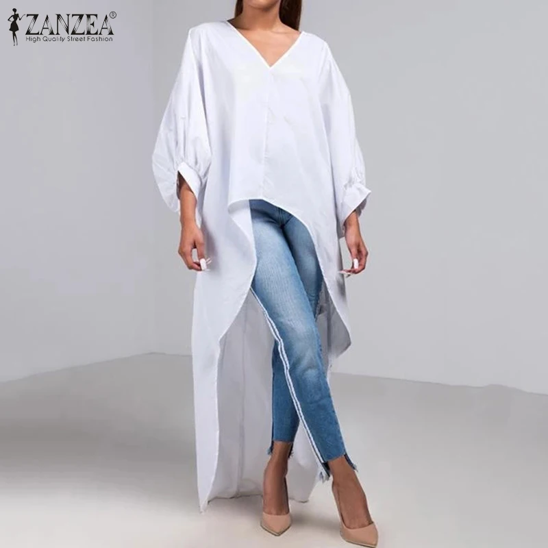  2020 Fashion ZANZEA Women Shirt Ladies Casual V-neck Lantern Sleeve Blouse High Low Tops Solid Cott