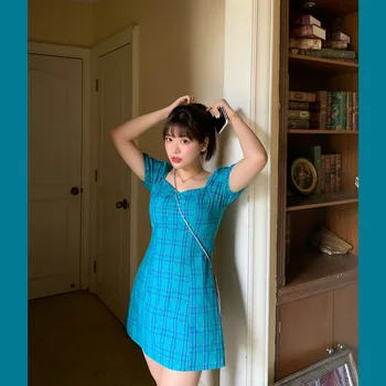 

Summer New Style Square Collar Plaid Dress