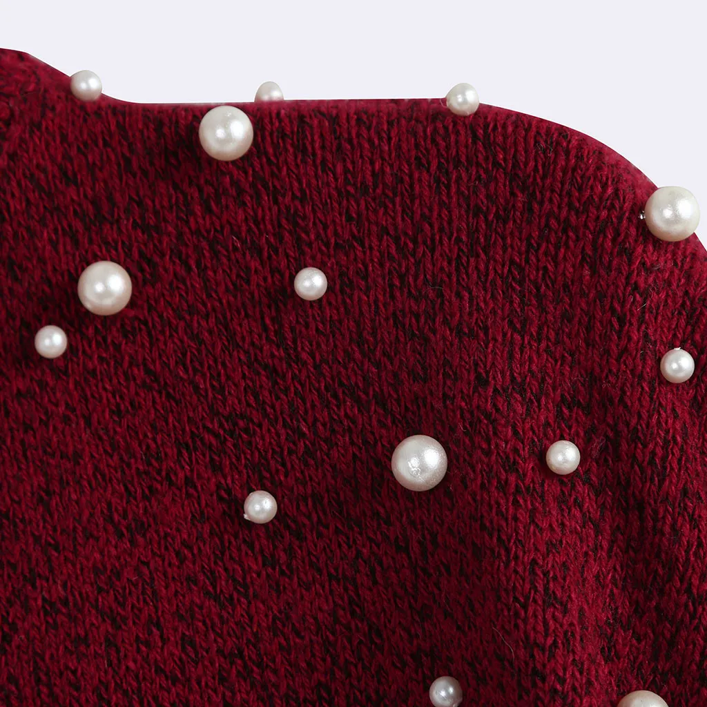 Женский зимний Повседневный свободный свитер с высоким воротом Модный жемчужный свитер с v-образным вырезом Топы с длинным рукавом вязаный стильный Повседневный свитер
