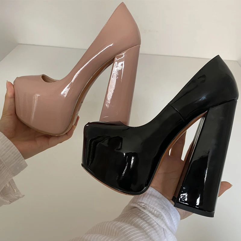 Zapatos de plataforma con punta redonda para mujer, tacones altos gruesos de 15CM ~ 16CM, vestido de tirantes, talla grande