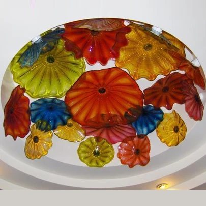 

Large Ceiling Decorative Flower Art Plates Multi Color Murano Glass Chandelier LED Flush Mounted Ceiling Lighting