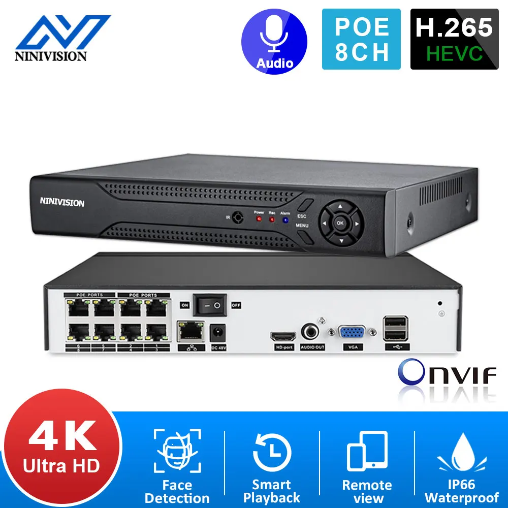 Сетевой видеорегистратор 4K 8MP NVR Ultra HD H.265 + 8CH POE сетевой ONVIF с функцией записи лиц и