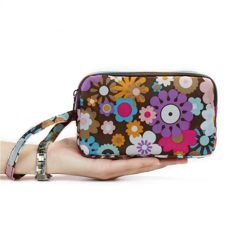 2 Women's Vintage Print Floral Canvas Zipper Wallet 3-Layer Long Clutch Purse with Wrist Strap Fits 6'' Cell Phone - Цвет: 2