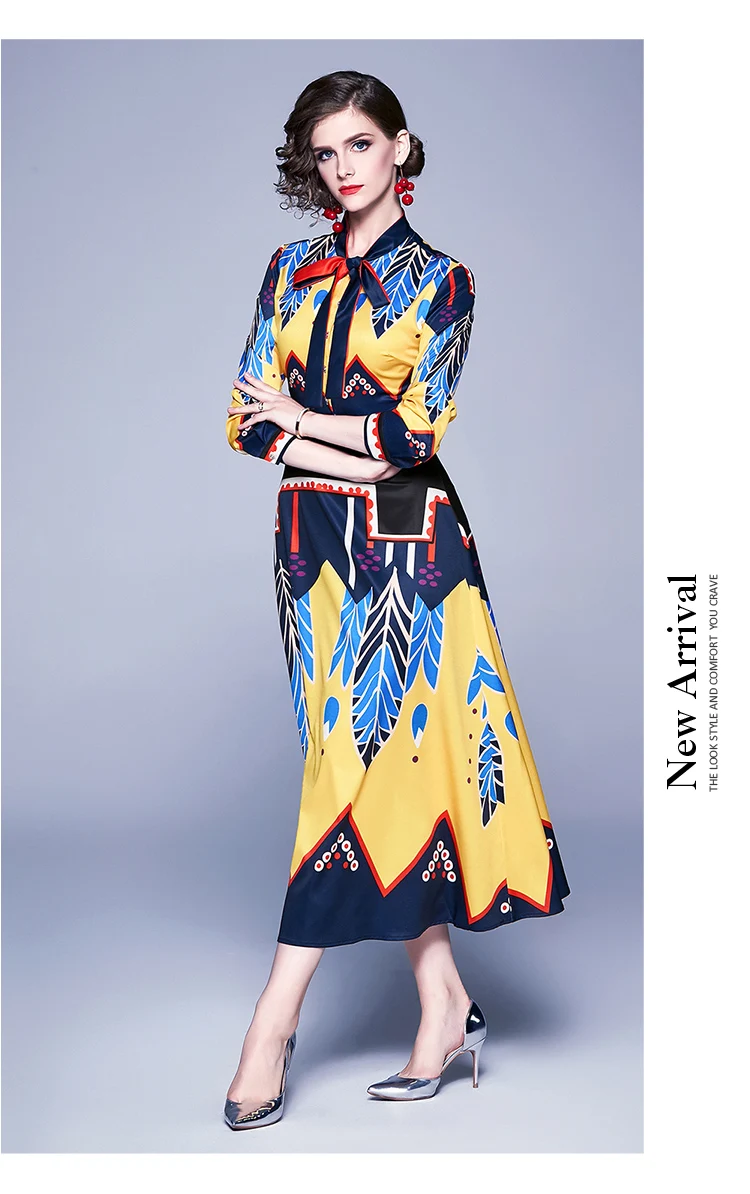 Banulin Fashion Runway Autumn Dress Women's Long Sleeve Bow Neck Multicolor Floral Printing Midi Elegant Vintage Dress