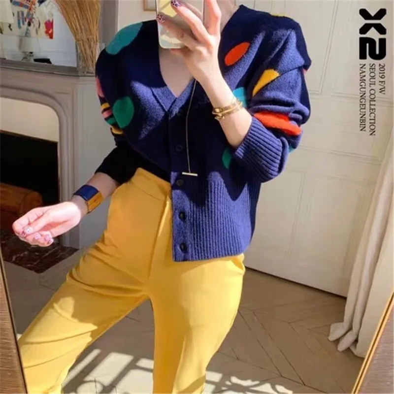 #^Special Price 2019 Korean Style V-neck Single Breasted Colorful Dot Sweater Women Knited Cardigans Casual Lady Pull Femme Hiver