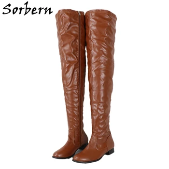 

Sorbern Fashion Low Heel Brown Boots Thigh High Long Round Toe Unisex Style Zip Up Boot Custom Wide Or Slim Fit Calf And Thighs