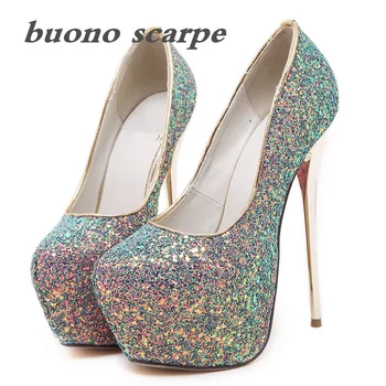 

2016 autumn and winter new high-heeled single shoes round head shallow mouth sequins color change sexy nightclub women's shoes