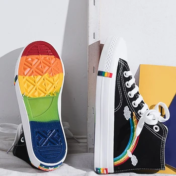 

Women's Vulcanized High Top Rainbow Canvas Women Lace Up Flat Platform Woman Comfortable LeisureFemale Shoes Lady 2019 Fashion