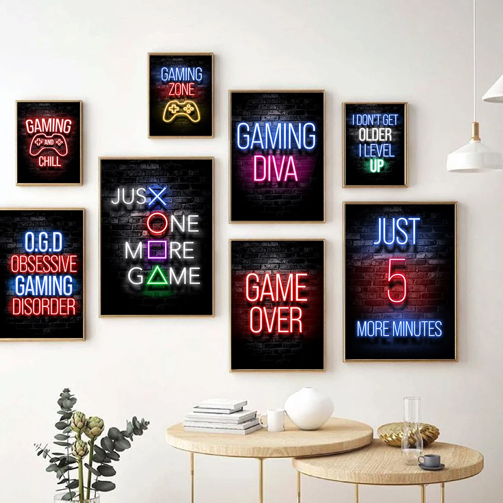 

Neon Gamepad Illustration Player Quote Poster Printing Wall Art Picture Joystick Canvas Painting Boy Room Home Nordic Decoration