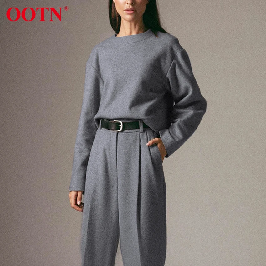 

OOTN Plain Gray Woolen Pullover Sweatshirt Casual Long Sleeve Outwear Top Crew Neck Vintage Autumn Winter Sweatshirt Female 2020