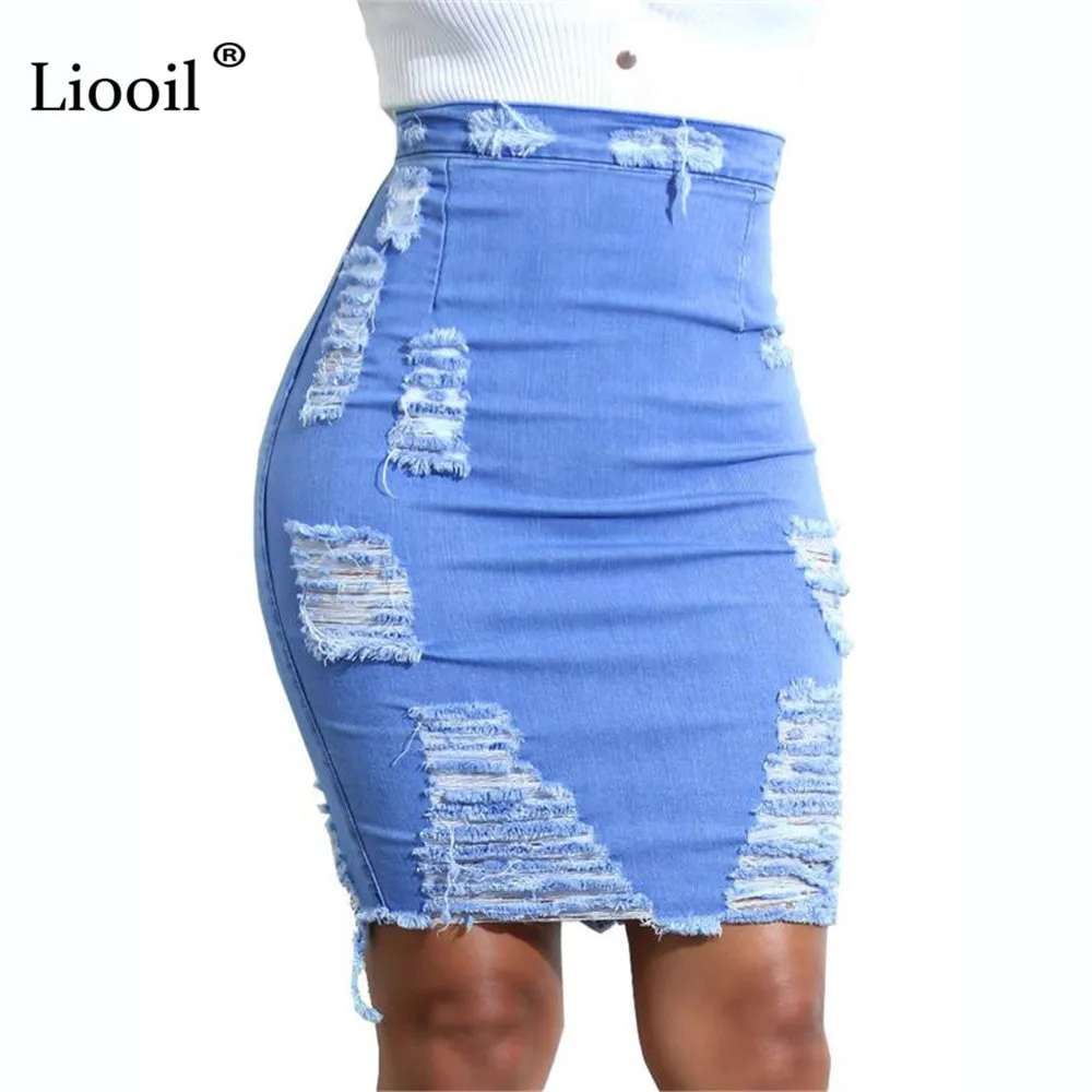 

Liooil Hole Denim High Waist Mini Skirt With Tassel 2020 Streetwear Wash Distressed Zip Up Sexy Bodycon Skirts Womens Clothing