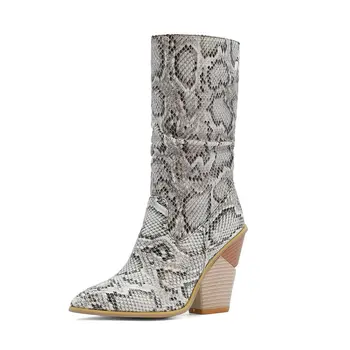

2020 Autumn Winter Snake Print Western Boots Women Fashion Slip On Wedges High Heel Mid Calf Boots Ladies Pointed Toe Shoes