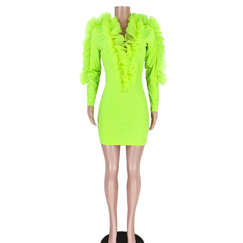 neon green HAOYUAN неоновые узкие вечерние платье Для женщин Комплект одежды на осень сатиновая юбка-американка в сеточку с оборками и длинным рукавом облегающее платье сексапильное рождественское Клубные платья - Цвет: neon green