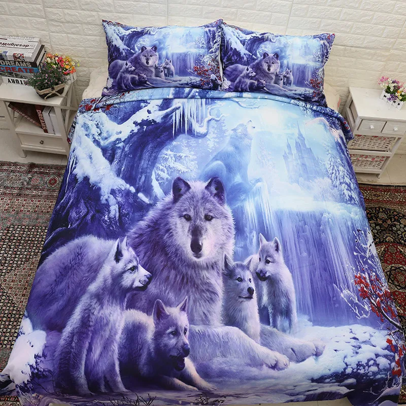 Семейный комплект постельного белья с изображением волка, двойной размер королевы, 3D рисунок животных, снежные волки, пододеяльник с наволочками для детей, подростков, взрослых, 3 шт