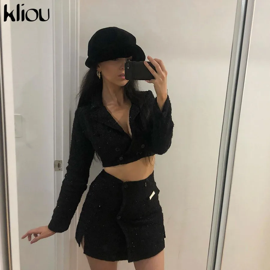 

kliou Fashion 2 pieces set thick outfits black 2019 Women Full Sleeve double-breasted coat +Tall waist split Mini slit Skirt Set
