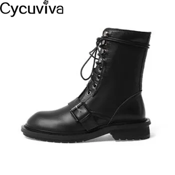 

Glossy Leather Motorcycle Boots Women Round Toe lace up Chelsea Boots Flat Heel Metal Button Ankle Boots For Women