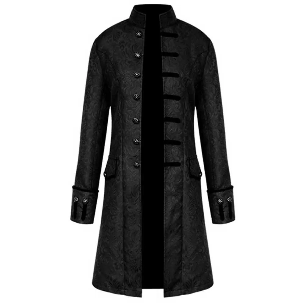 

Tide Retro Black Long Coat Men Winter Warm Vintage Tailcoat Jacket Stand Collar Overcoat Outwear Buttons Steampunk Coat