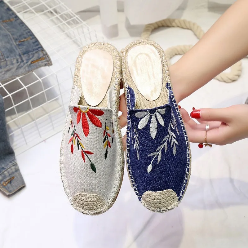 

2019 Summer Autumn New Style Korean-style Flat Closed-toe Cloth Embroidered Lazy Slippers Women's Fisherman Shoes
