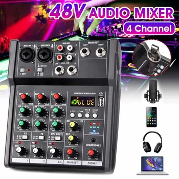 

LEORY 4 Channel Bluetooth Sound Card Mixing Console Digital Audio Mixer MP3 USB Input +48V Phantom Power for Music Recording