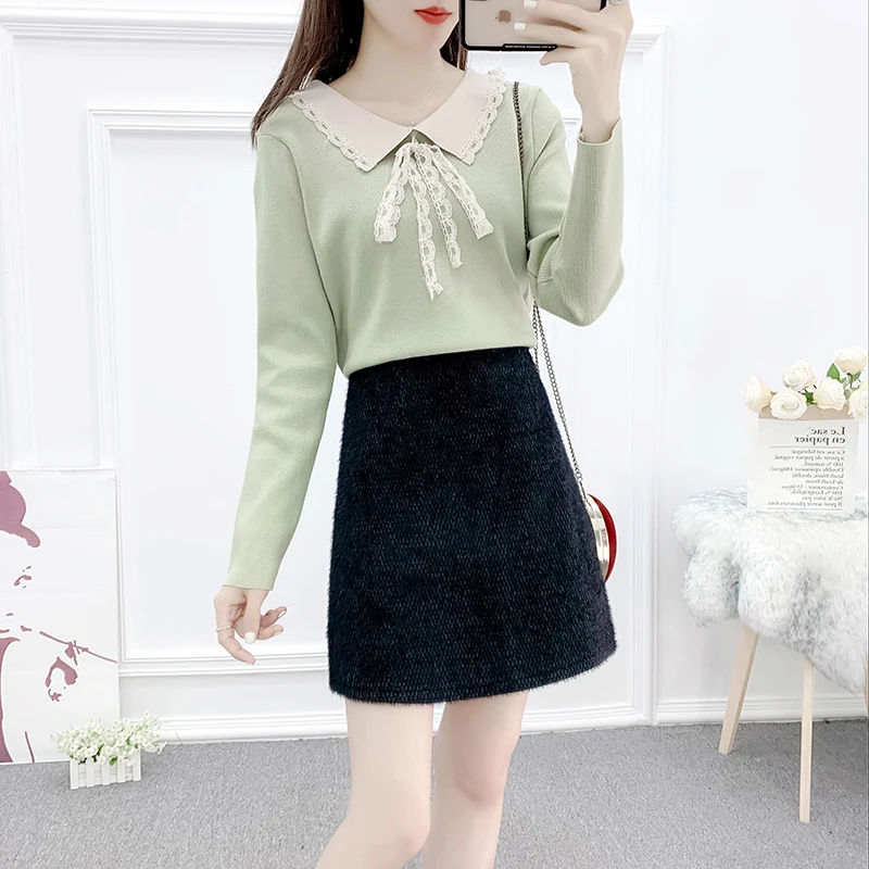 

Super Lady Sweet Skirt Princess Fashion Lace Stitching Sweater Skirts Student Clothes 2 Pcs Matching Set For Women Knitted Suit