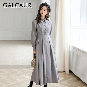 

GALCAUR Vintage Gray Dress Female Lapel Collar Long Sleeve High Waist Sashes Large Size Maxi Dresses Women Clothes 2020 Fashion