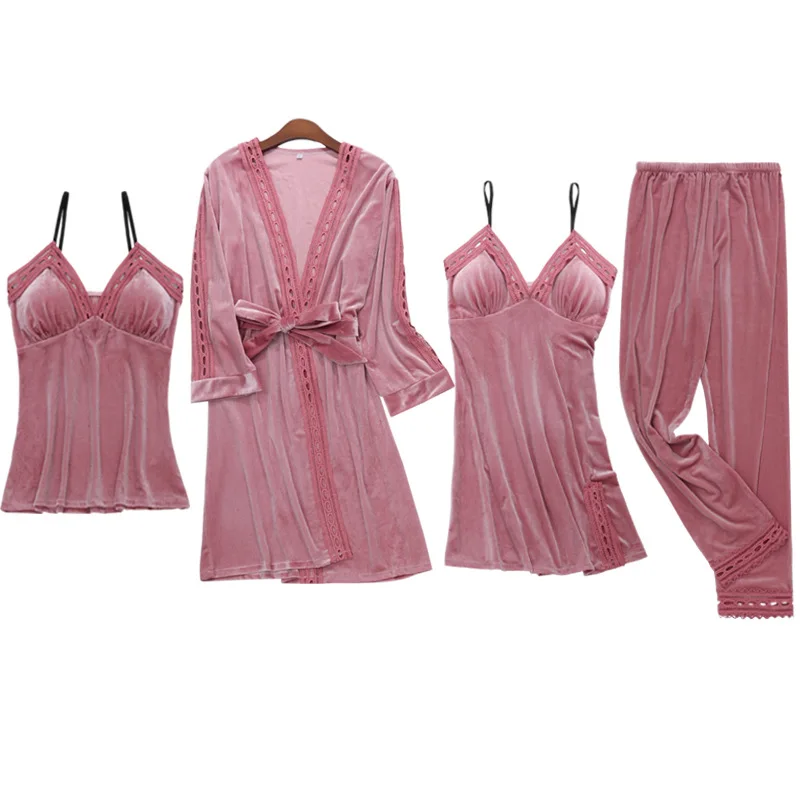 

Pajamas sets Women pajamas Winter Warm pajamas 4pcs/sets Gold Velvet Camisole Women Night suit pajama Women Autumn Winter