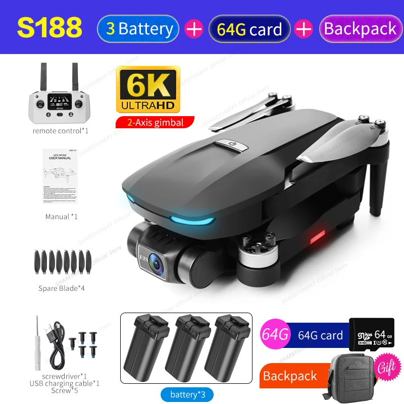 2022 New S188 Drone 4K 8K GPS 5G WiFi 2 Axis Gimbal With HD Camera Rc Distance 3KM Professional Brushless Quadcopter PK F11S biggest rc helicopter you can buy RC Helicopters