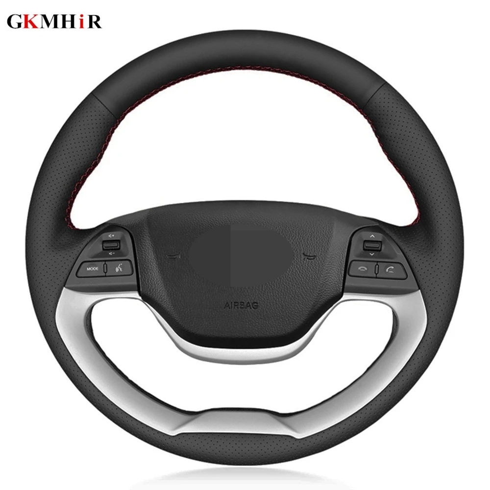 DIY Hand-stitched Black Artificial Leather Car Steering Wheel Cover For Kia Morning 2011-2016 Picanto 2012-2015 | Автомобили и