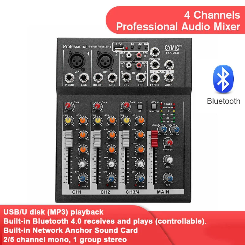 LEORY Professional 4 Channels bluetooth DJ Mixer Sound Mixing Console With USB MP3 Jack Live Audio Mixer For Karaoke KTV