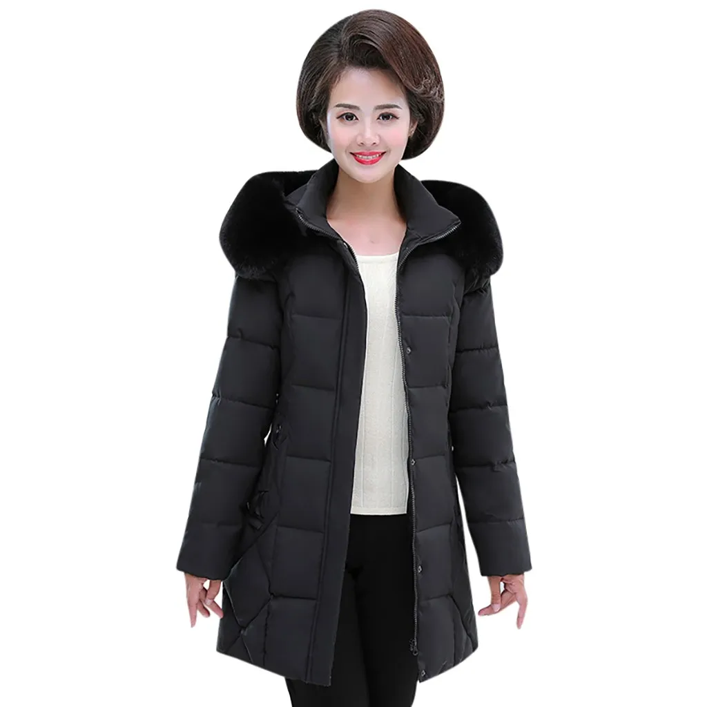 Модные женские парки среднего возраста, зимнее толстое теплое пальто с капюшоном, куртка с длинным меховым воротником, хлопковая куртка, пальто размера плюс 5XL, верхняя одежда - Цвет: black